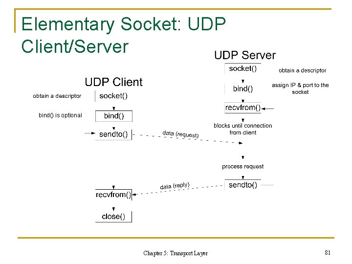 Elementary Socket: UDP Client/Server bind() is optional Chapter 5: Transport Layer 81 Elementary Socket: UDP Client/Server bind() is optional Chapter 5: Transport Layer 81