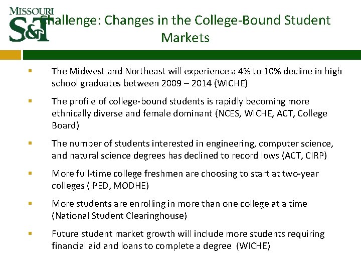 Challenge: Changes in the College-Bound Student Markets § The Midwest and Northeast will experience Challenge: Changes in the College-Bound Student Markets § The Midwest and Northeast will experience