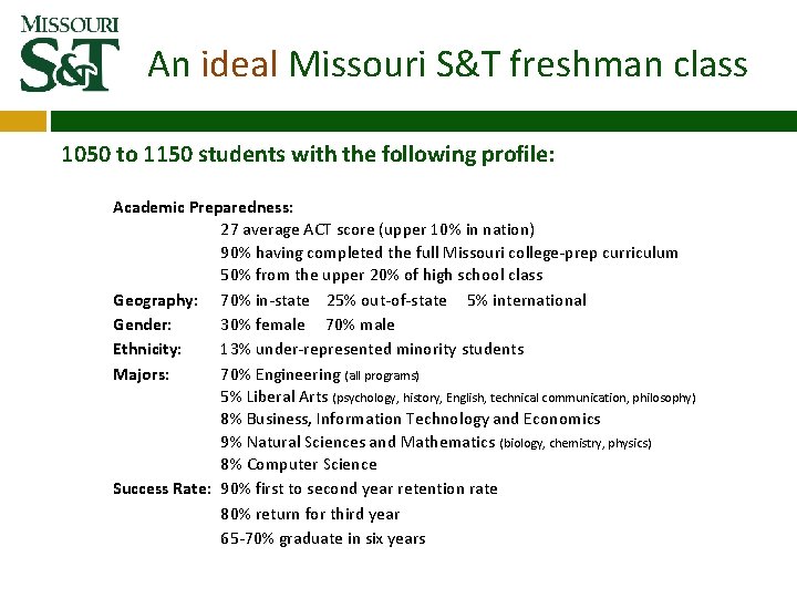 An ideal Missouri S&T freshman class 1050 to 1150 students with the following profile: An ideal Missouri S&T freshman class 1050 to 1150 students with the following profile: