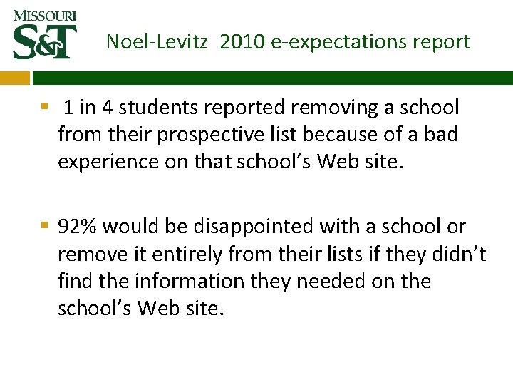 Noel-Levitz 2010 e-expectations report § 1 in 4 students reported removing a school from Noel-Levitz 2010 e-expectations report § 1 in 4 students reported removing a school from