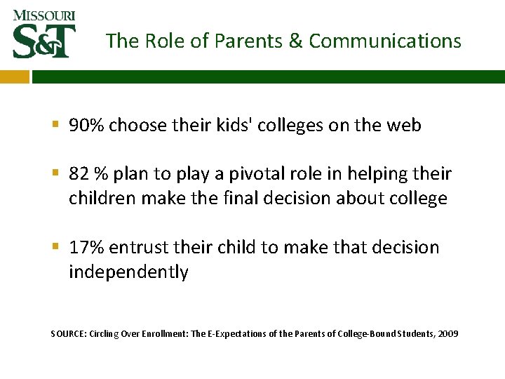 The Role of Parents & Communications § 90% choose their kids' colleges on the The Role of Parents & Communications § 90% choose their kids' colleges on the