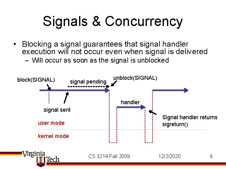 Signals & Concurrency • Blocking a signal guarantees that signal handler execution will not