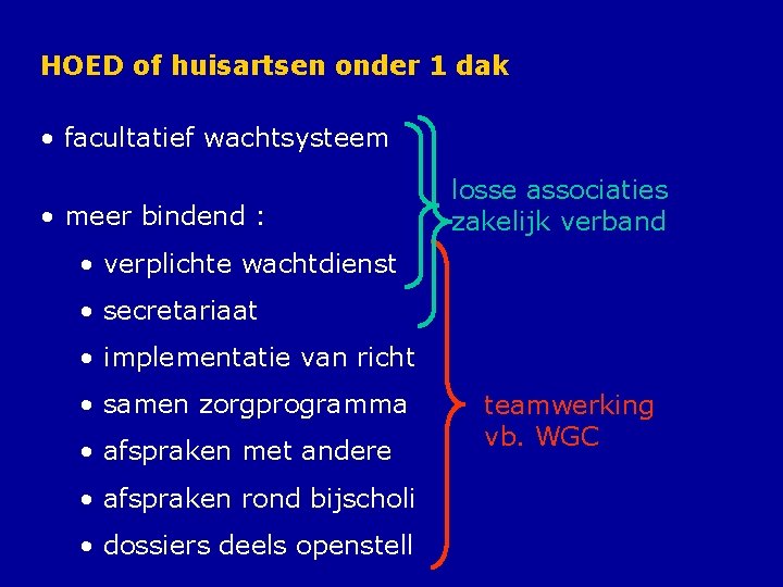 HOED of huisartsen onder 1 dak • facultatief wachtsysteem • meer bindend : losse