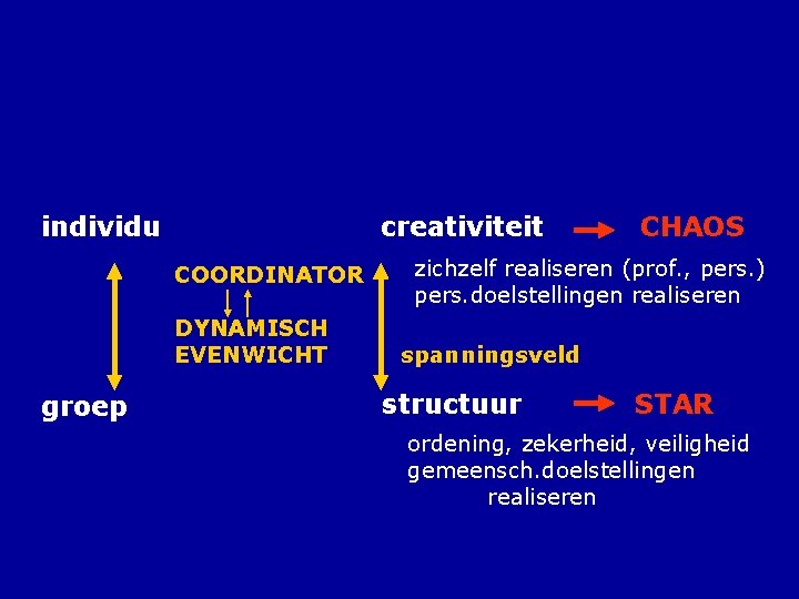 individu creativiteit COORDINATOR DYNAMISCH EVENWICHT groep CHAOS zichzelf realiseren (prof. , pers. ) pers.