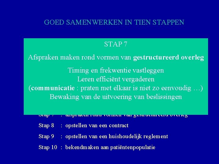 GOED SAMENWERKEN IN TIEN STAPPEN Stap 1 STAP 7 : omschrijven persoonlijke visie huisartsgeneeskunde