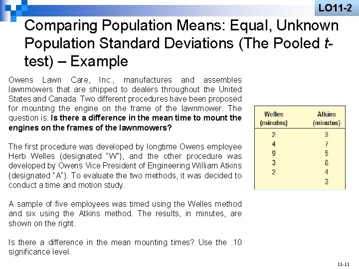 LO 11 -2 Comparing Population Means: Equal, Unknown Population Standard Deviations (The Pooled ttest)