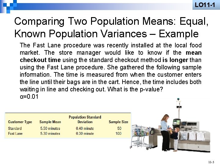 LO 11 -1 Comparing Two Population Means: Equal, Known Population Variances – Example The