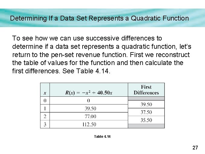 Determining If a Data Set Represents a Quadratic Function To see how we can
