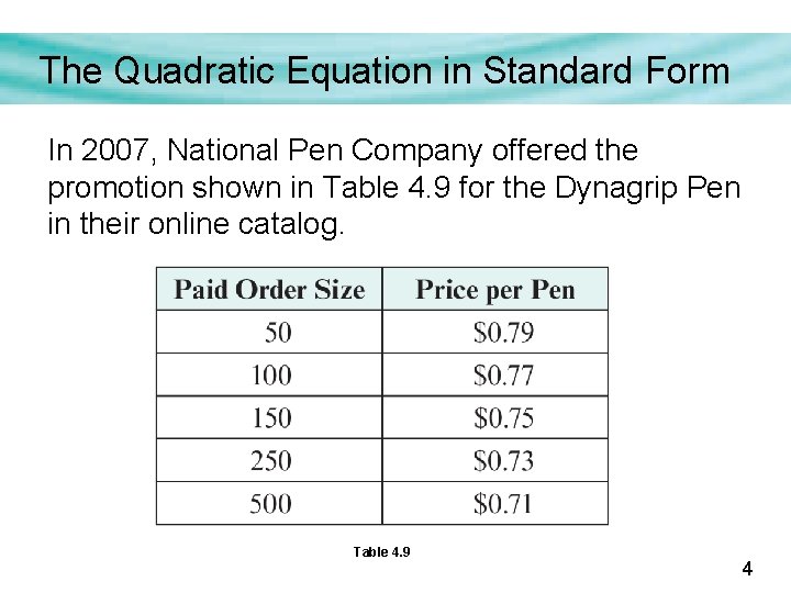 The Quadratic Equation in Standard Form In 2007, National Pen Company offered the promotion