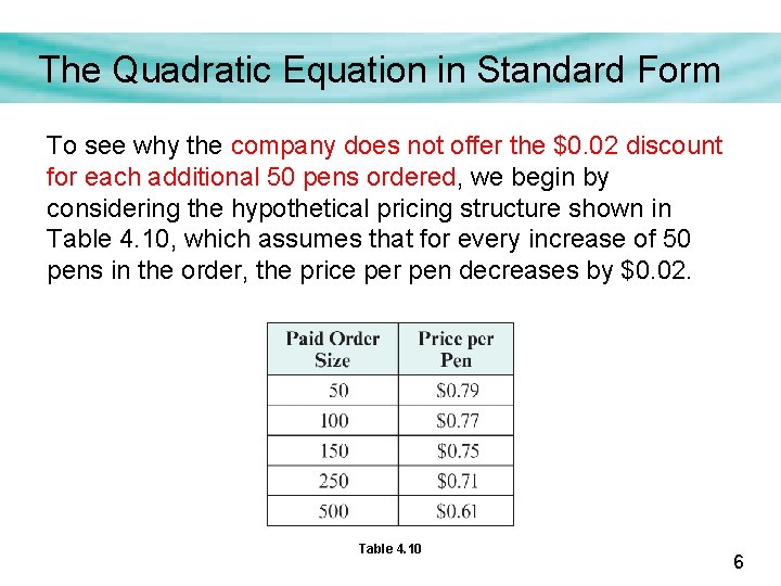 The Quadratic Equation in Standard Form To see why the company does not offer
