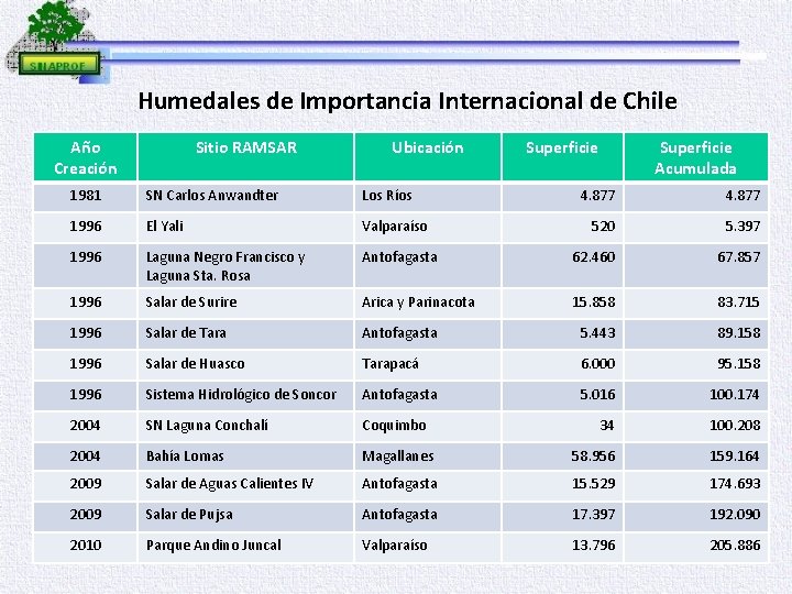 Humedales de Importancia Internacional de Chile Año Creación Sitio RAMSAR Ubicación 1981 SN Carlos