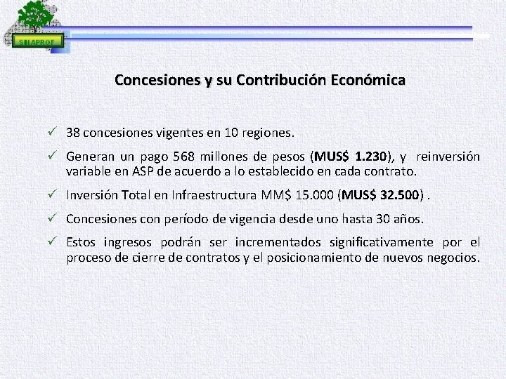 Concesiones y su Contribución Económica ü 38 concesiones vigentes en 10 regiones. ü Generan