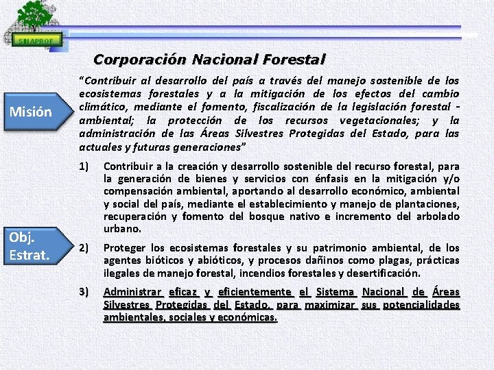 Corporación Nacional Forestal Misión Obj. Estrat. “Contribuir al desarrollo del país a través del