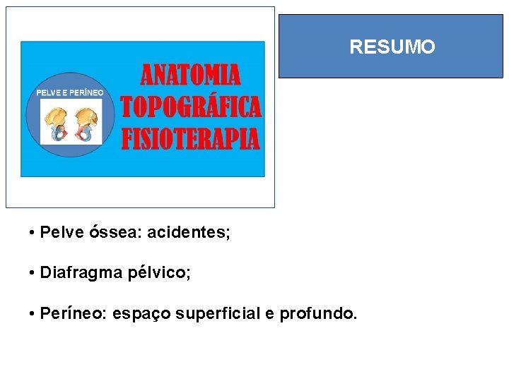 RESUMO • Pelve óssea: acidentes; • Diafragma pélvico; • Períneo: espaço superficial e profundo.