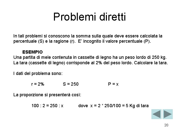 Problemi diretti In tali problemi si conoscono la somma sulla quale deve essere calcolata