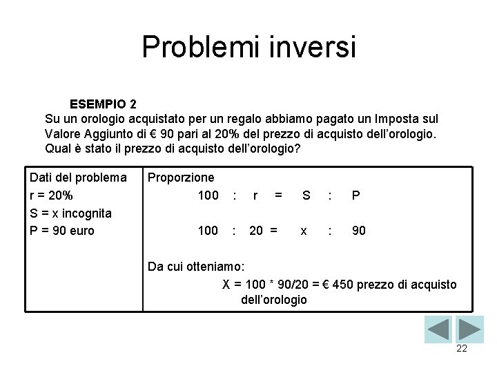 Problemi inversi ESEMPIO 2 Su un orologio acquistato per un regalo abbiamo pagato un