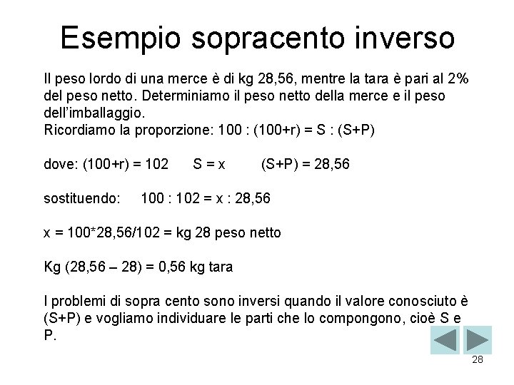 Esempio sopracento inverso Il peso lordo di una merce è di kg 28, 56,