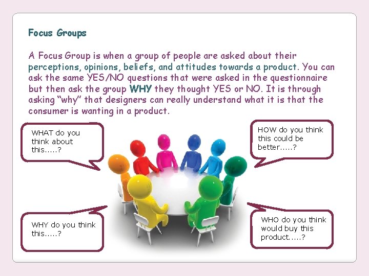 Focus Groups A Focus Group is when a group of people are asked about