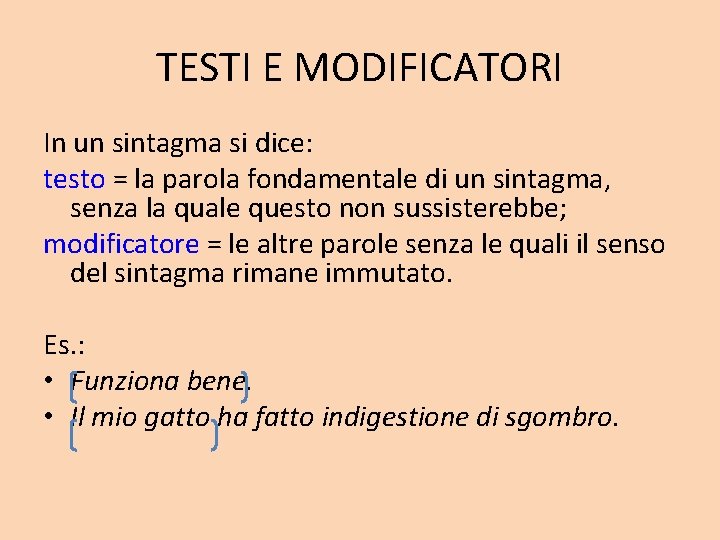 TESTI E MODIFICATORI In un sintagma si dice: testo = la parola fondamentale di TESTI E MODIFICATORI In un sintagma si dice: testo = la parola fondamentale di