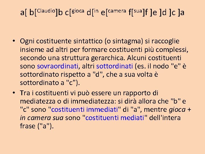 a[ b[Claudio]b c[gioca d[in e[camera f[sua]f ]e ]d ]c ]a • Ogni costituente sintattico