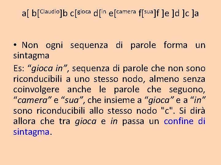 a[ b[Claudio]b c[gioca d[in e[camera f[sua]f ]e ]d ]c ]a • Non ogni sequenza