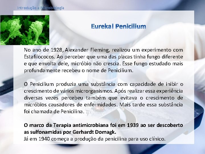 Introdução a Microbiologia No ano de 1928, Alexander Fleming, realizou um experimento com Estafilococos.