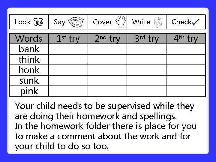 Look Words bank think honk sunk pink Say Cover Write Check 1 st Look Words bank think honk sunk pink Say Cover Write Check 1 st
