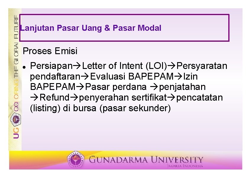 Lanjutan Pasar Uang & Pasar Modal Proses Emisi Persiapan Letter of Intent (LOI) Persyaratan