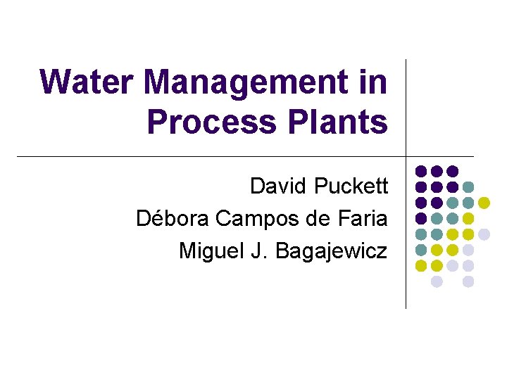 Water Management in Process Plants David Puckett Débora Campos de Faria Miguel J. Bagajewicz