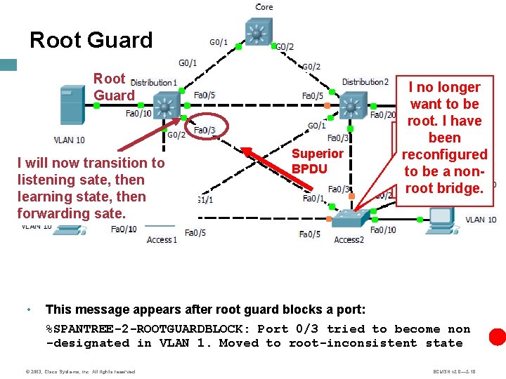 Root Guard I will now transition to STP Inconsistent listening sate, then State –