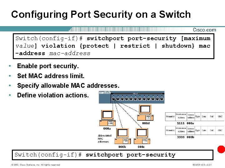 Configuring Port Security on a Switch(config-if)# switchport-security [maximum value] violation {protect | restrict |