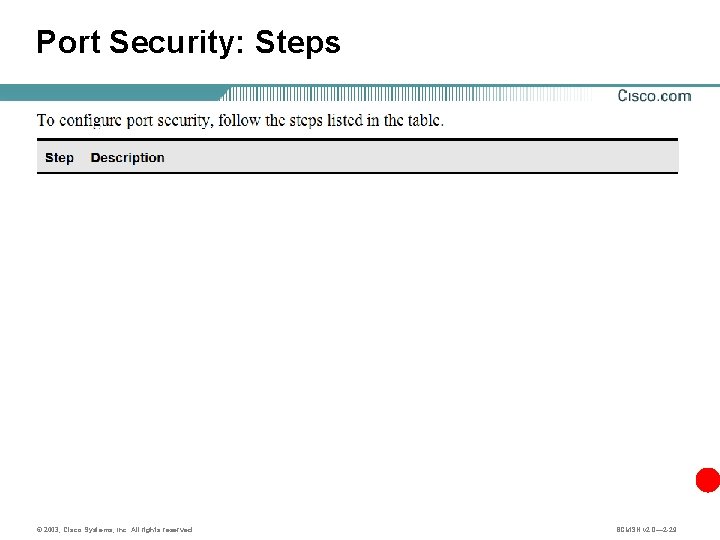 Port Security: Steps © 2003, Cisco Systems, Inc. All rights reserved. BCMSN v 2.