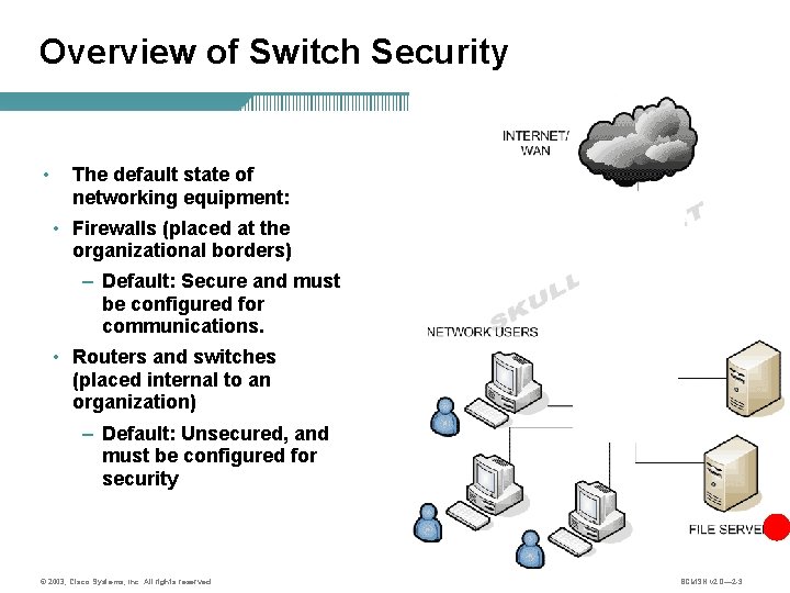 Overview of Switch Security • The default state of networking equipment: • Firewalls (placed