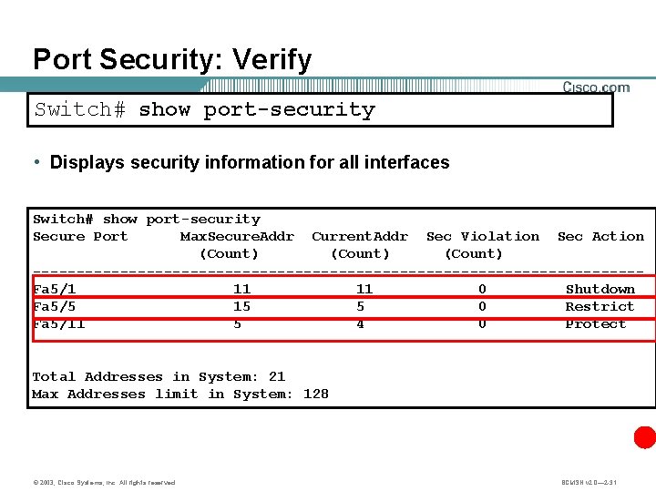 Port Security: Verify Switch# show port-security • Displays security information for all interfaces Switch#