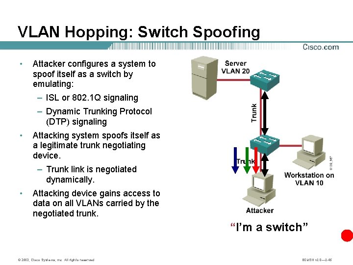 VLAN Hopping: Switch Spoofing • Attacker configures a system to spoof itself as a