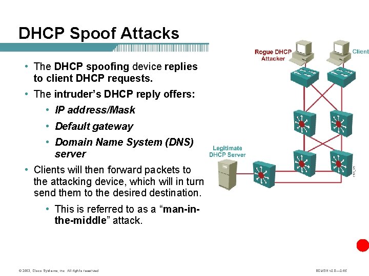 DHCP Spoof Attacks • The DHCP spoofing device replies to client DHCP requests. •