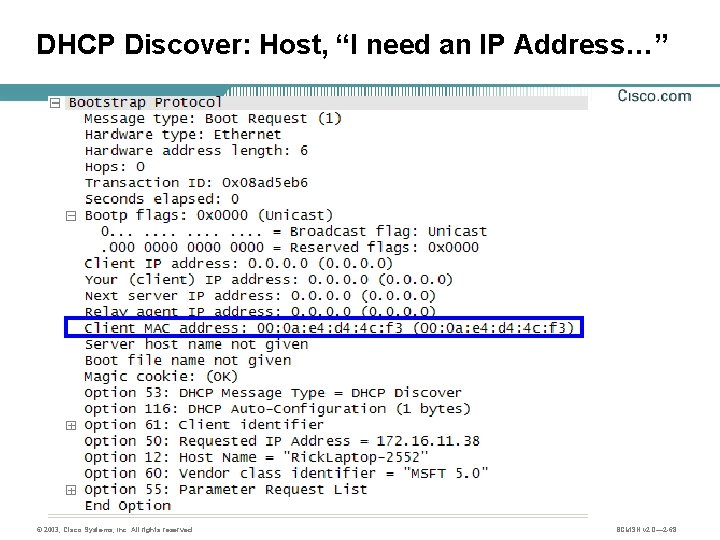 DHCP Discover: Host, “I need an IP Address…” © 2003, Cisco Systems, Inc. All