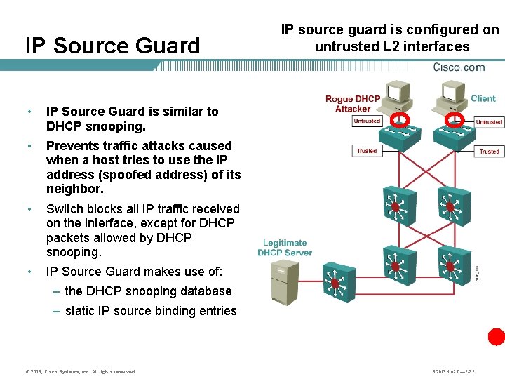 IP Source Guard • IP Source Guard is similar to DHCP snooping. • Prevents