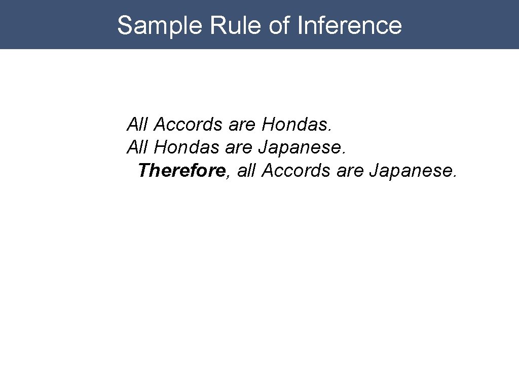 Sample Rule of Inference All Accords are Hondas. All Hondas are Japanese. Therefore, all