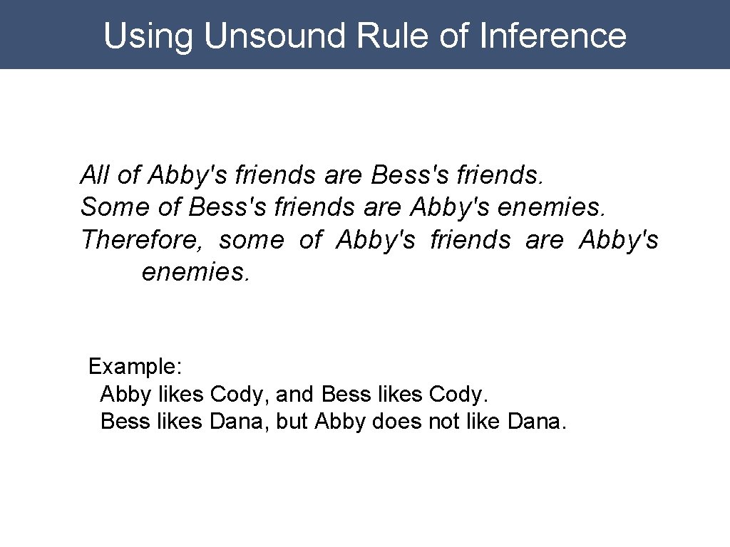 Using Unsound Rule of Inference All of Abby's friends are Bess's friends. Some of