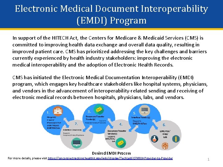 Electronic Medical Document Interoperability (EMDI) Program In support of the HITECH Act, the Centers