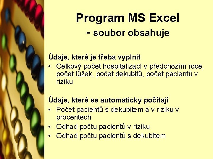 Program MS Excel - soubor obsahuje Údaje, které je třeba vyplnit • Celkový počet