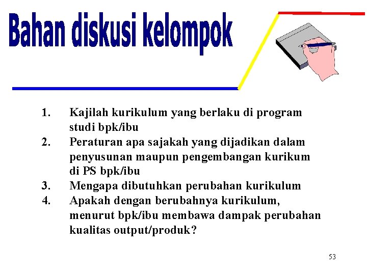 1. 2. 3. 4. Kajilah kurikulum yang berlaku di program studi bpk/ibu Peraturan apa