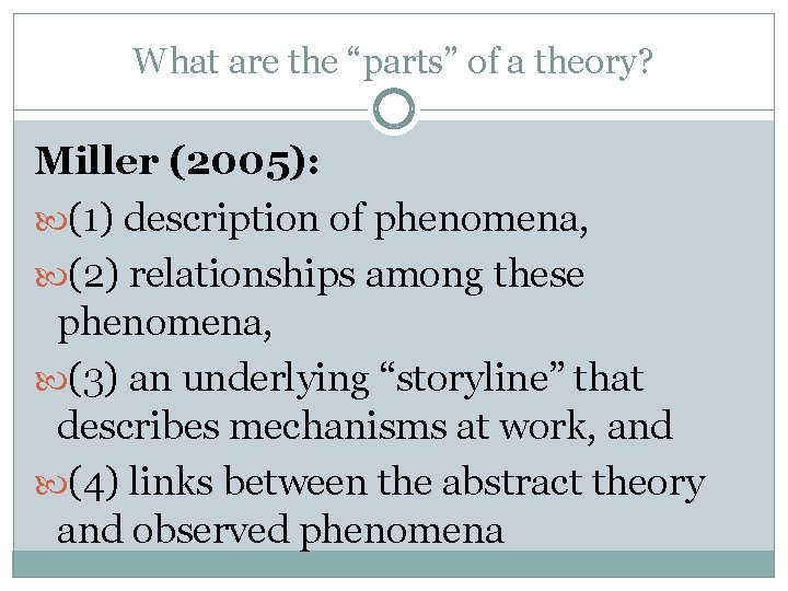 What are the “parts” of a theory? Miller (2005): (1) description of phenomena, (2)