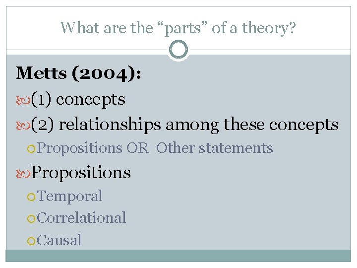 What are the “parts” of a theory? Metts (2004): (1) concepts (2) relationships among
