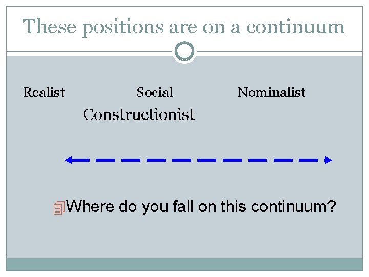 These positions are on a continuum Realist Social Nominalist Constructionist 4 Where do you