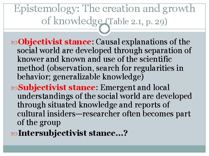 Epistemology: The creation and growth of knowledge (Table 2. 1, p. 29) Objectivist stance: