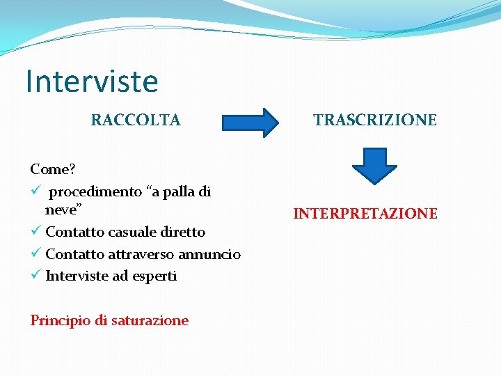 Interviste RACCOLTA Come? ü procedimento “a palla di neve” ü Contatto casuale diretto ü