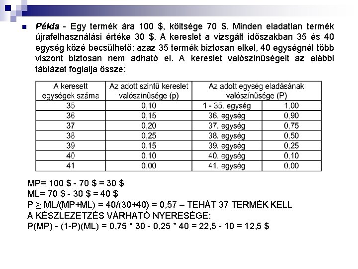 n Példa - Egy termék ára 100 $, költsége 70 $. Minden eladatlan termék